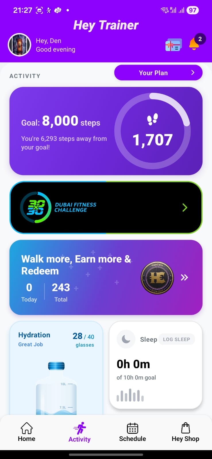 Hey Trainer app logging DFC 30x30 activity