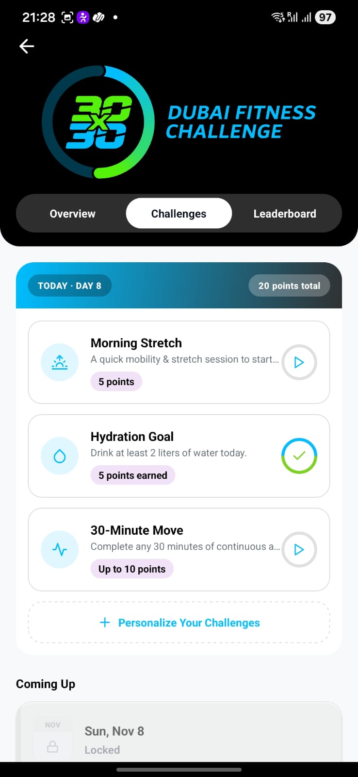 Hey Trainer app showing today's DFC 30x30 challenges