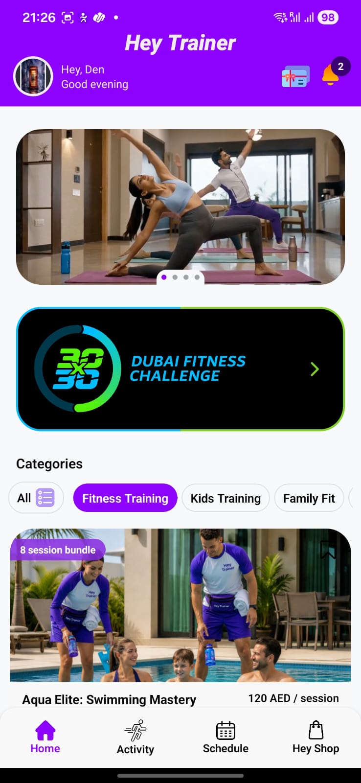 Hey Trainer home screen with the DFC 30x30 banner
