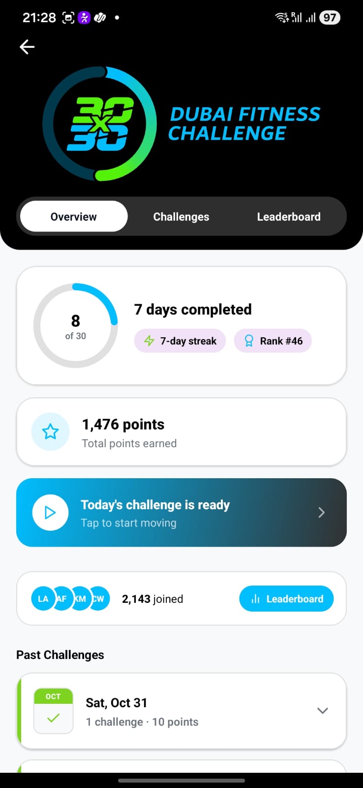 Hey Trainer app showing DFC 30x30 progress: days completed, streak, rank and total points