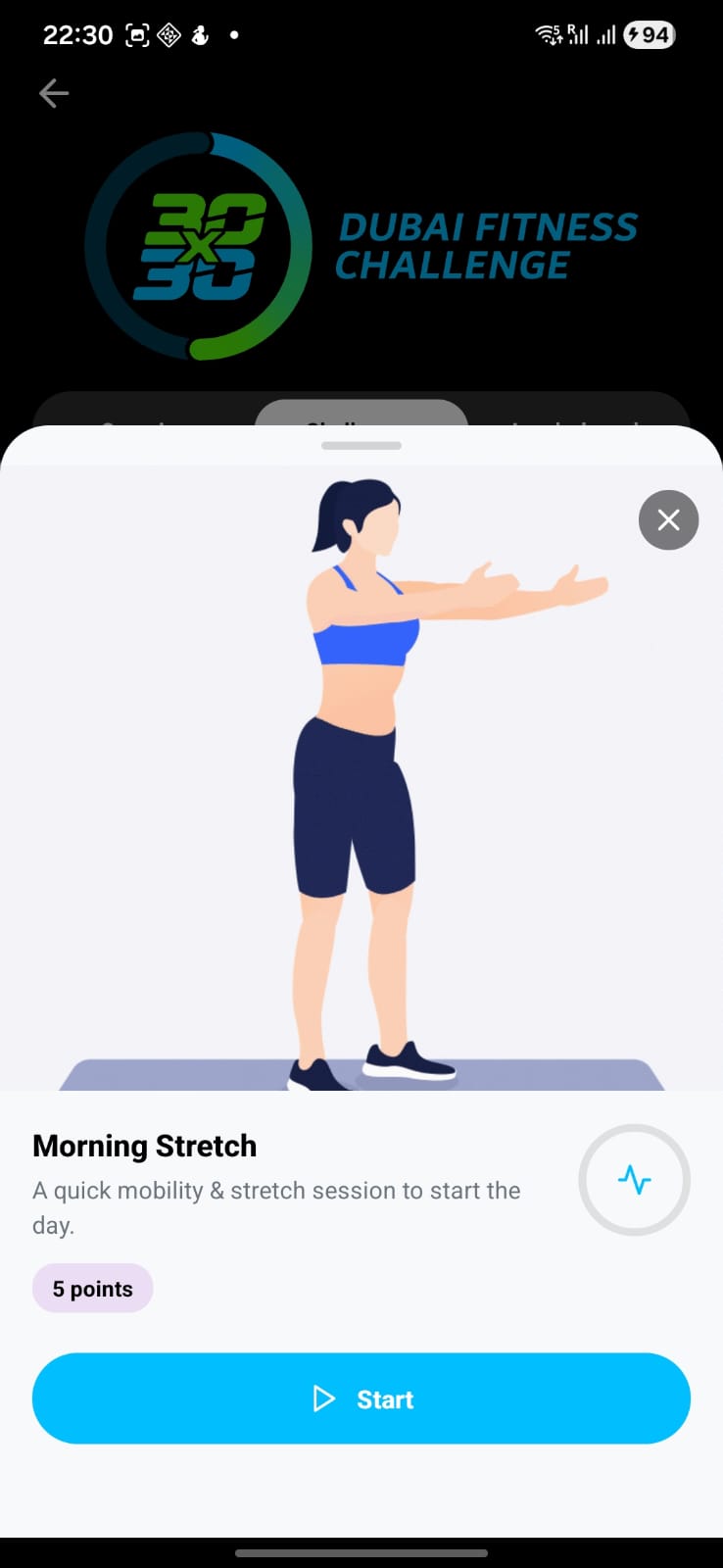 Hey Trainer app showing a DFC 30x30 challenge ready to start